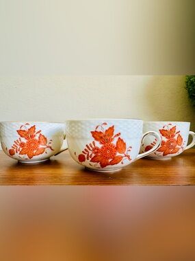 Herend Hungary Chinese Bouquet Rust Apponyi Orange Canton Tea Cups Set of 3 Mint